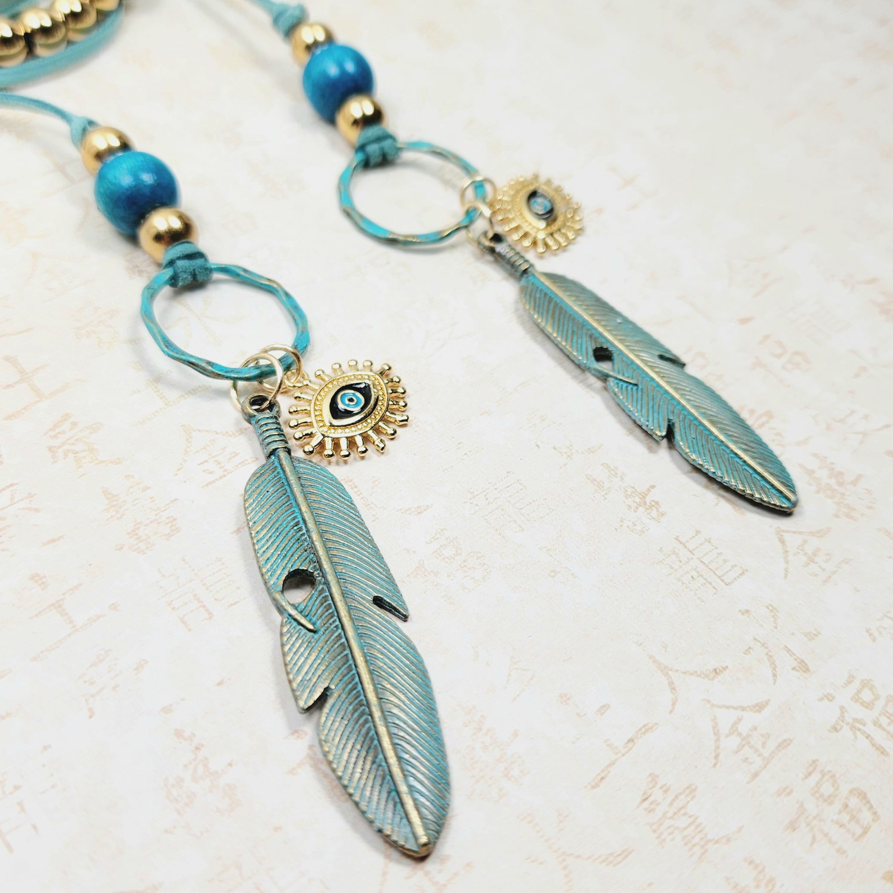 Long Teal Feather Evil Eye Wrap Around Lariat Necklace