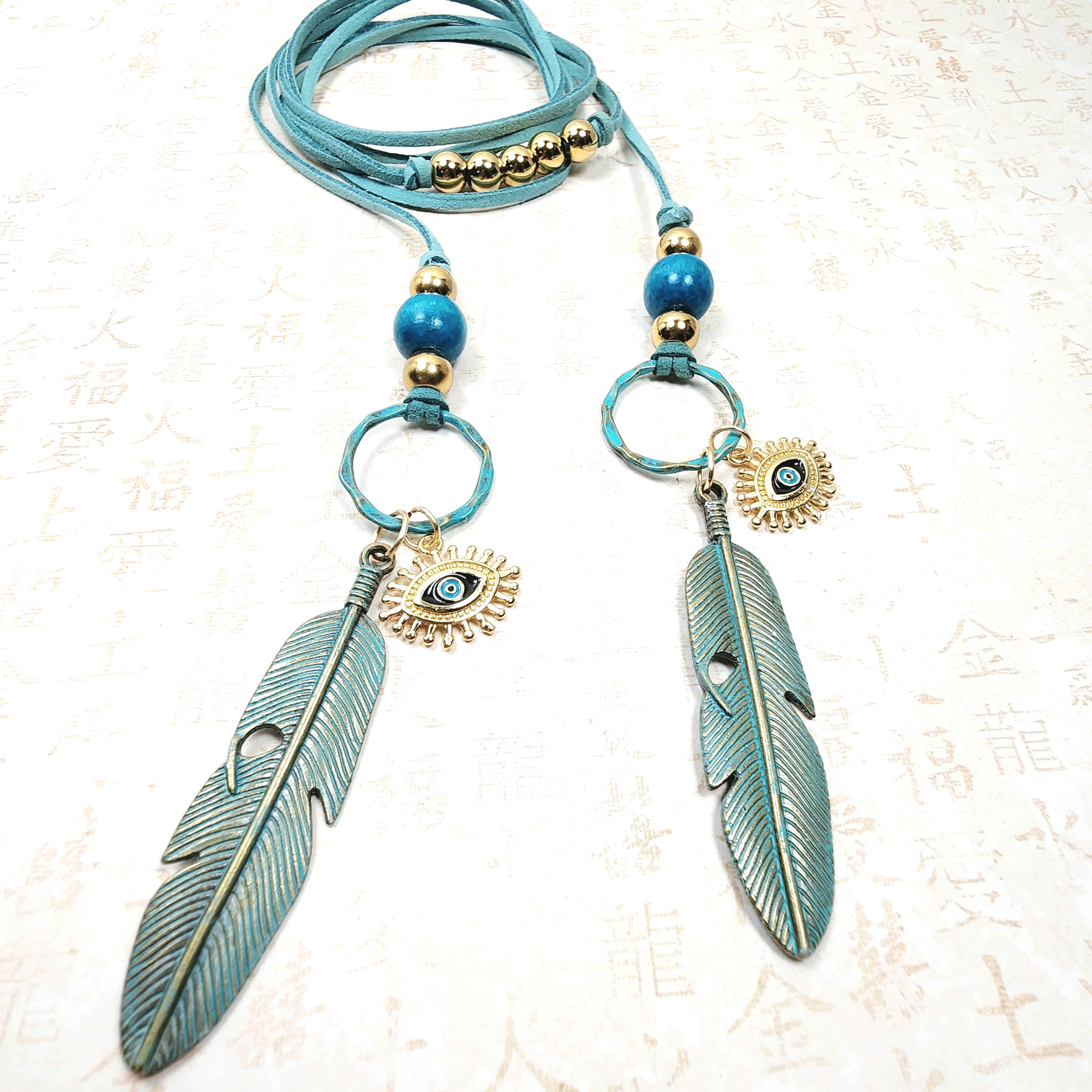 Long Teal Feather Evil Eye Wrap Around Lariat Necklace