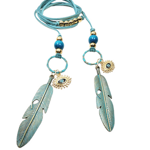 Long Teal Feather Evil Eye Wrap Around Lariat Necklace