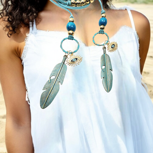 Long Teal Feather Evil Eye Wrap Around Lariat Necklace