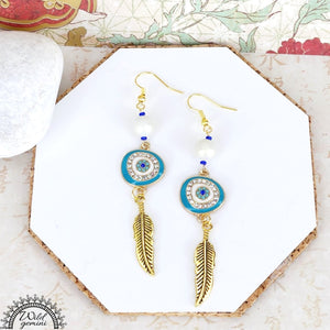 Teal Evil Eye with Dangling Golden Feather Earrings