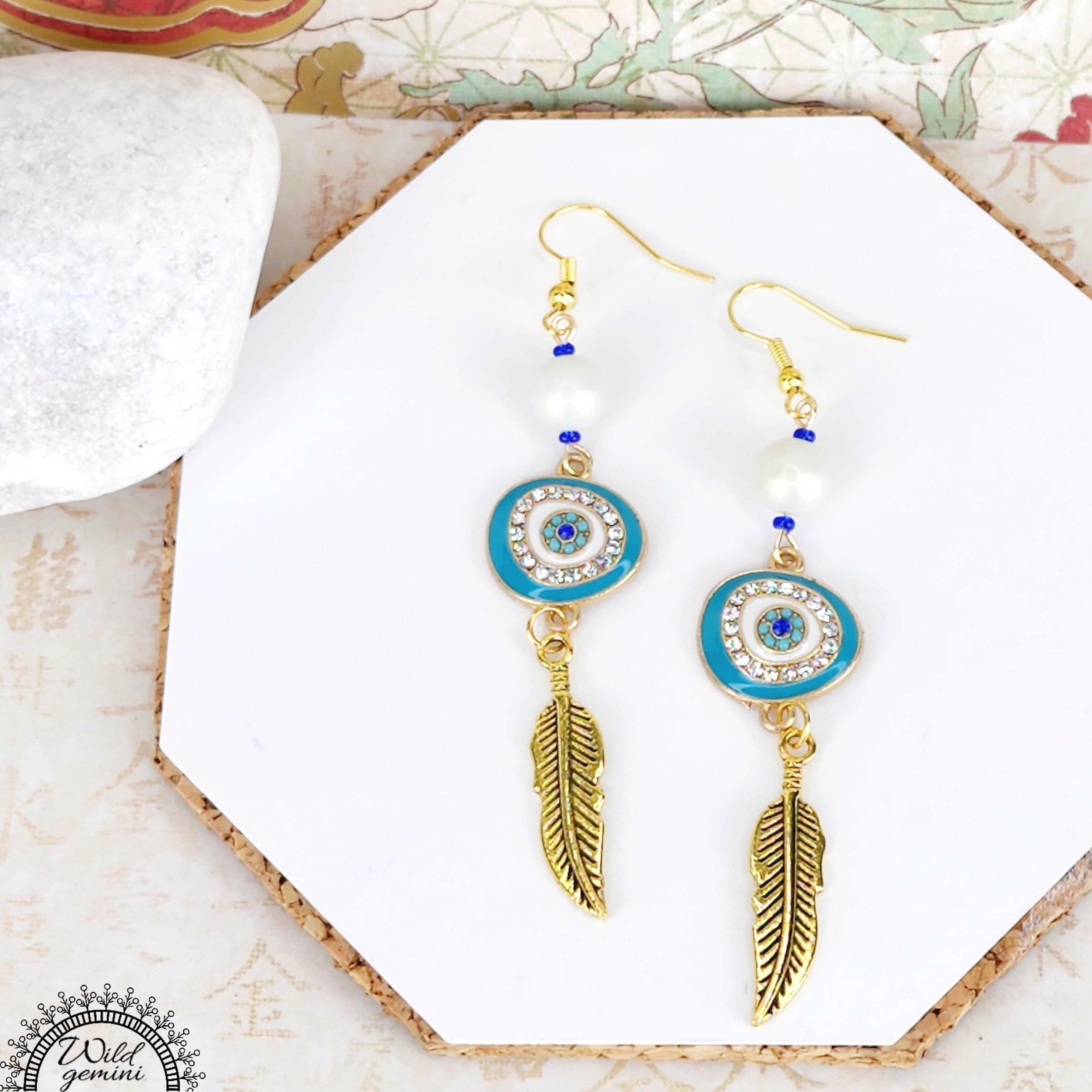 Teal Evil Eye with Dangling Golden Feather Earrings