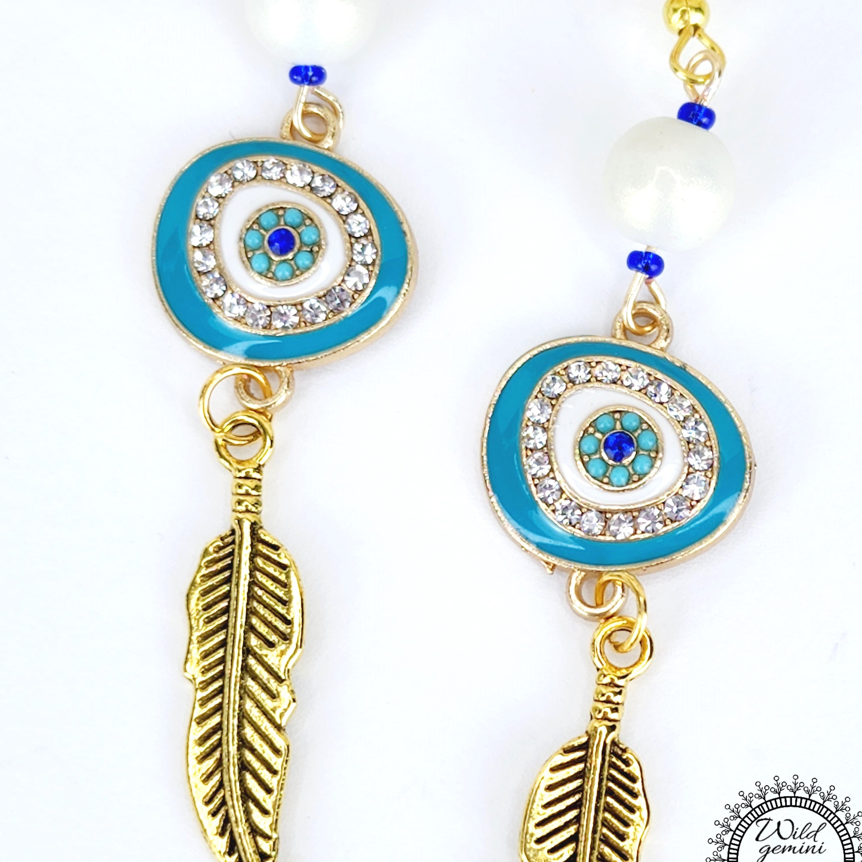 Teal Evil Eye with Dangling Golden Feather Earrings