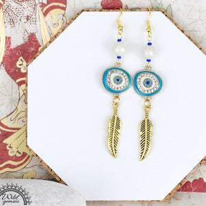 Teal Evil Eye with Dangling Golden Feather Earrings