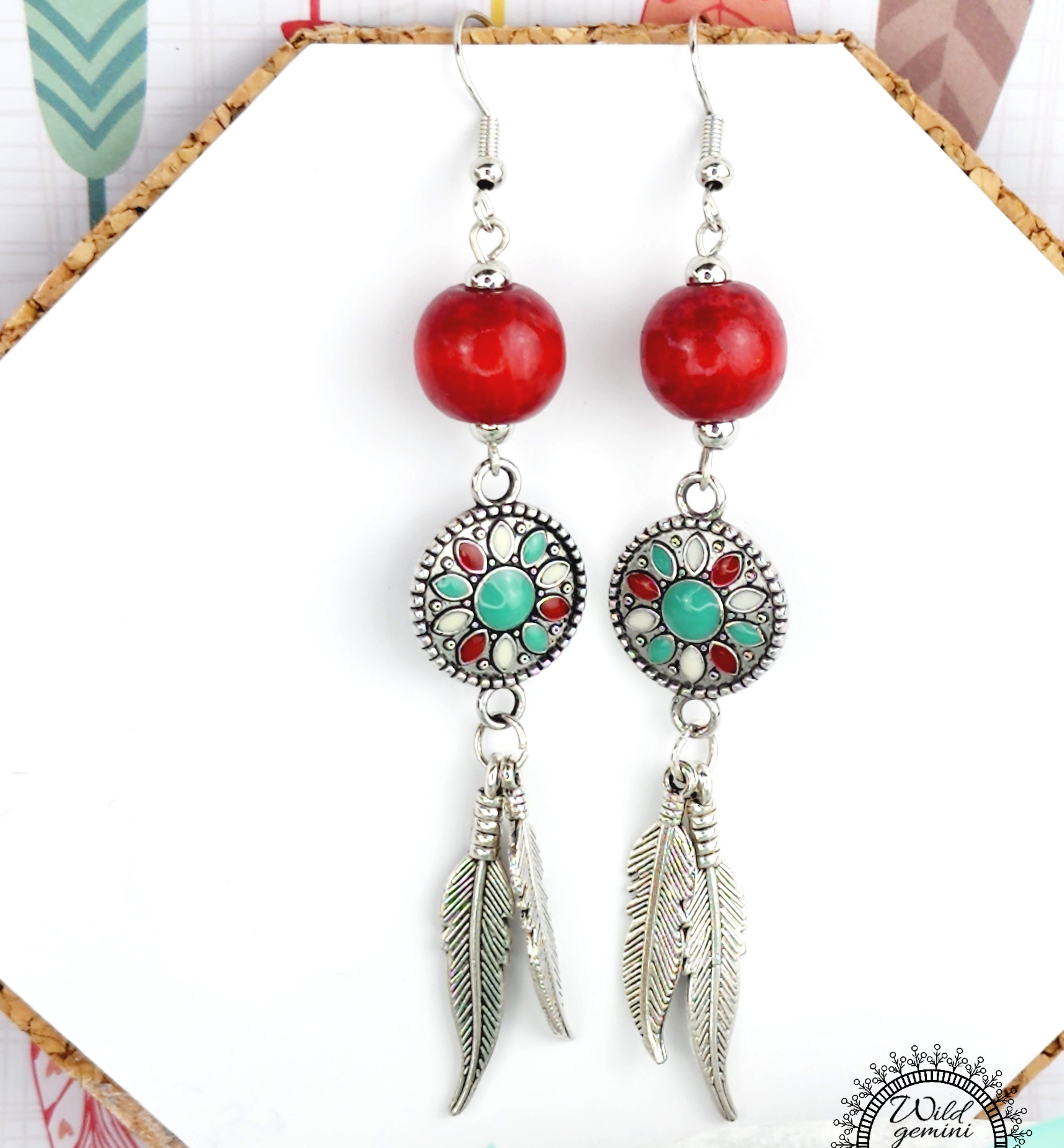 Dangling Feather Earrings with Red Wooden Bead