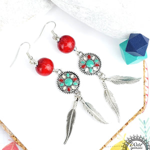 Dangling Feather Earrings with Red Wooden Bead