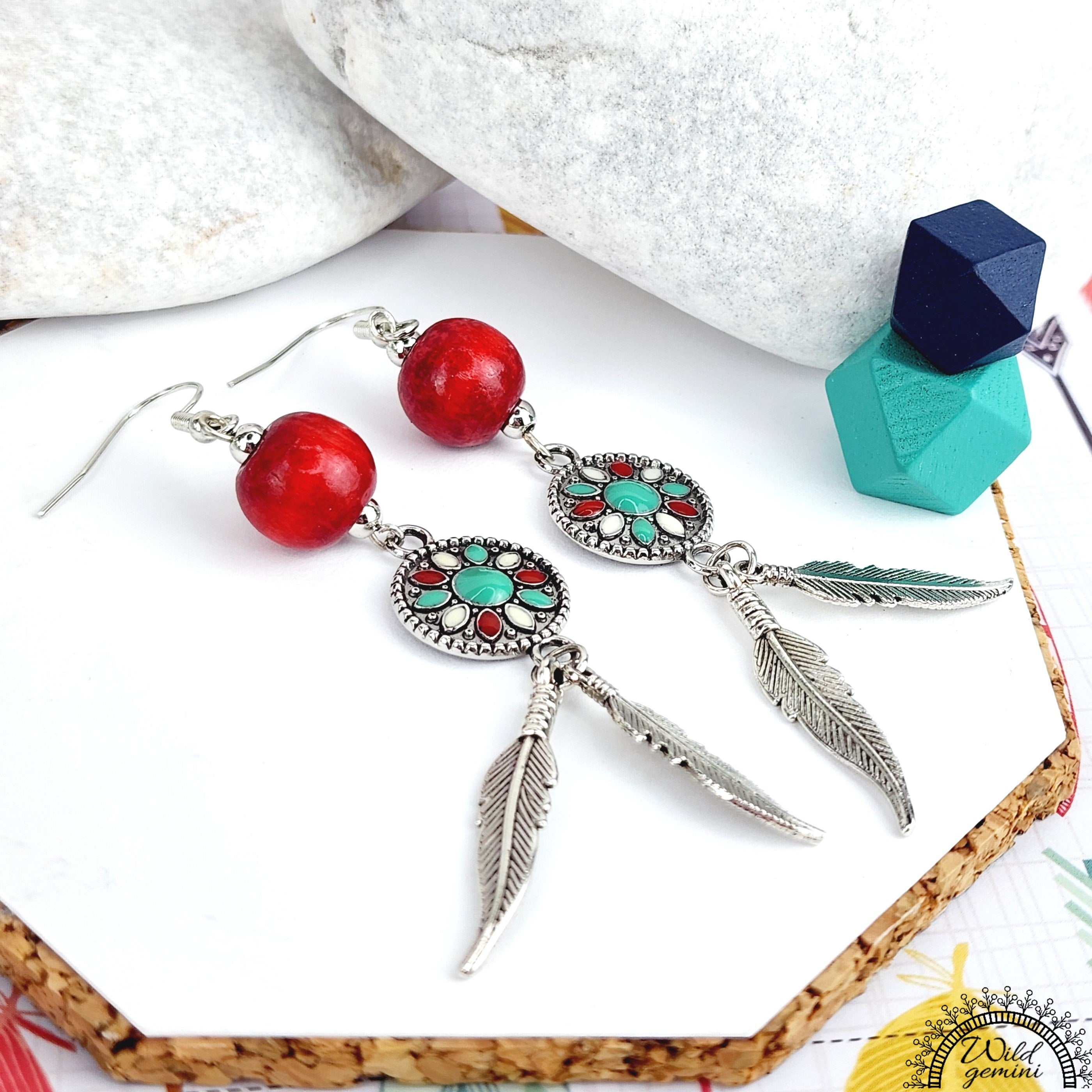 Dangling Feather Earrings with Red Wooden Bead