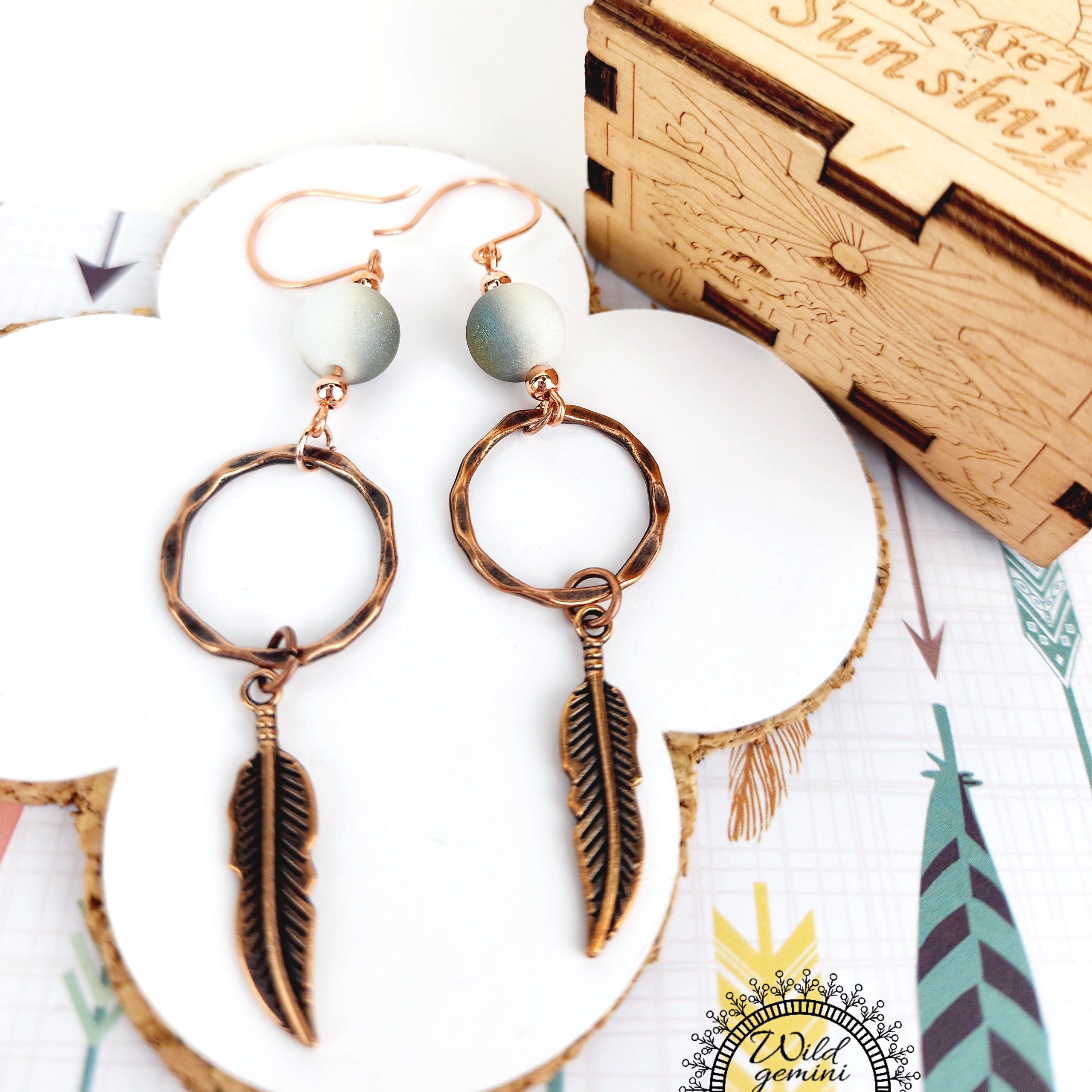 Copper Flower Ring Dangling Feather Earrings