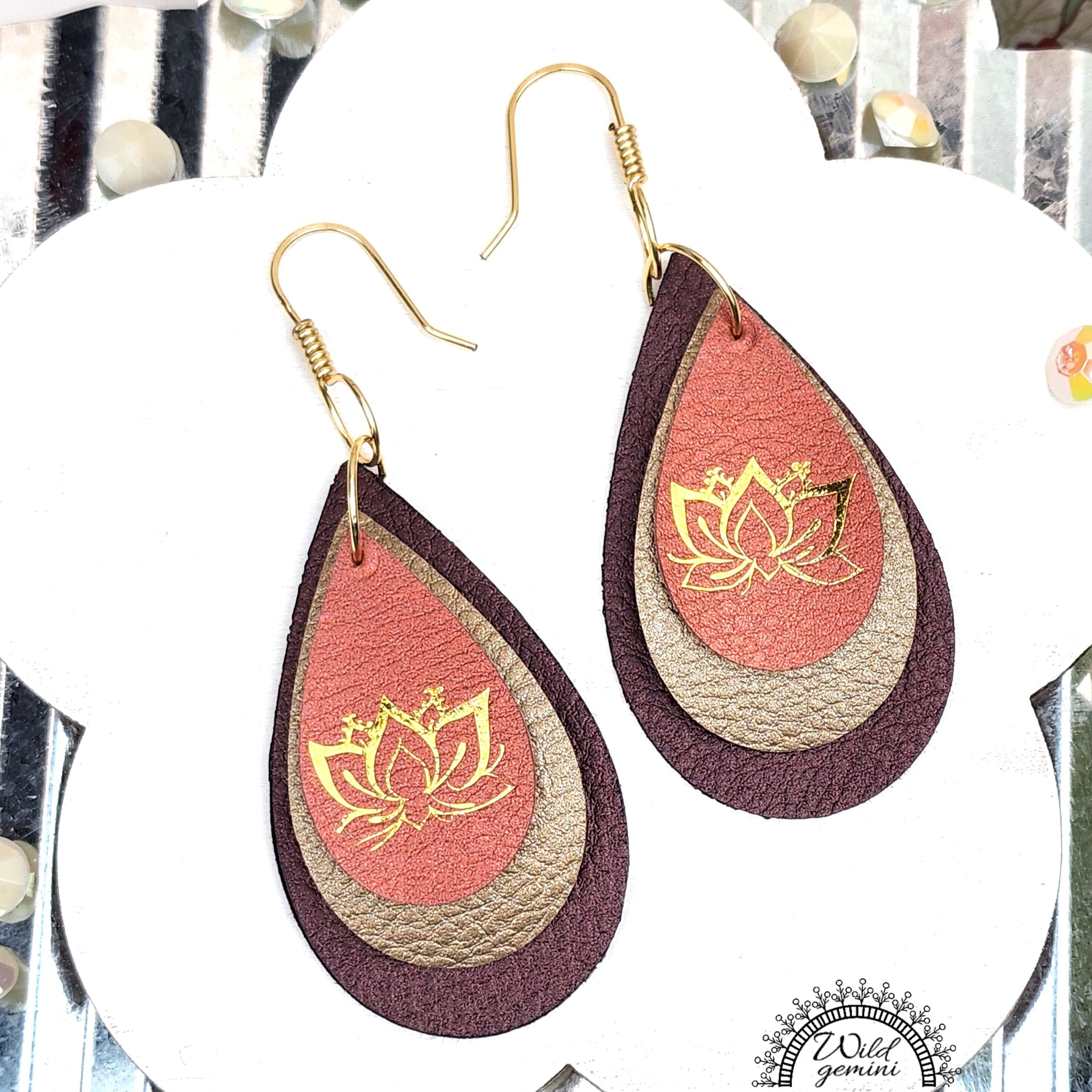 Faux Leather Metallic Lotus Design Tear Drops Earrings