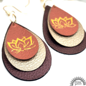 Faux Leather Metallic Lotus Design Tear Drops Earrings