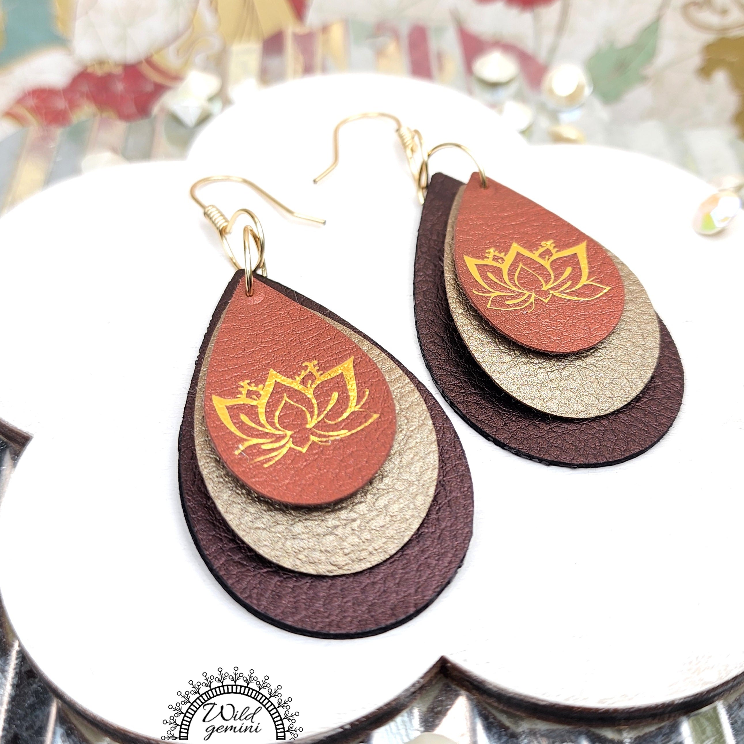 Faux Leather Metallic Lotus Design Tear Drops Earrings