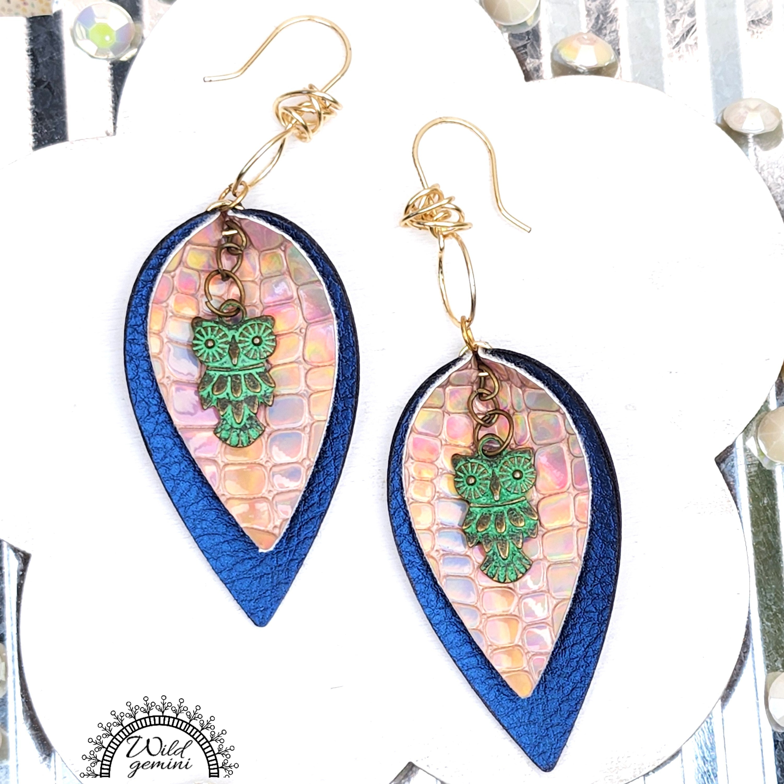 Faux Leather Blue Gold Tear Drops Earrings with Green Metal Owl