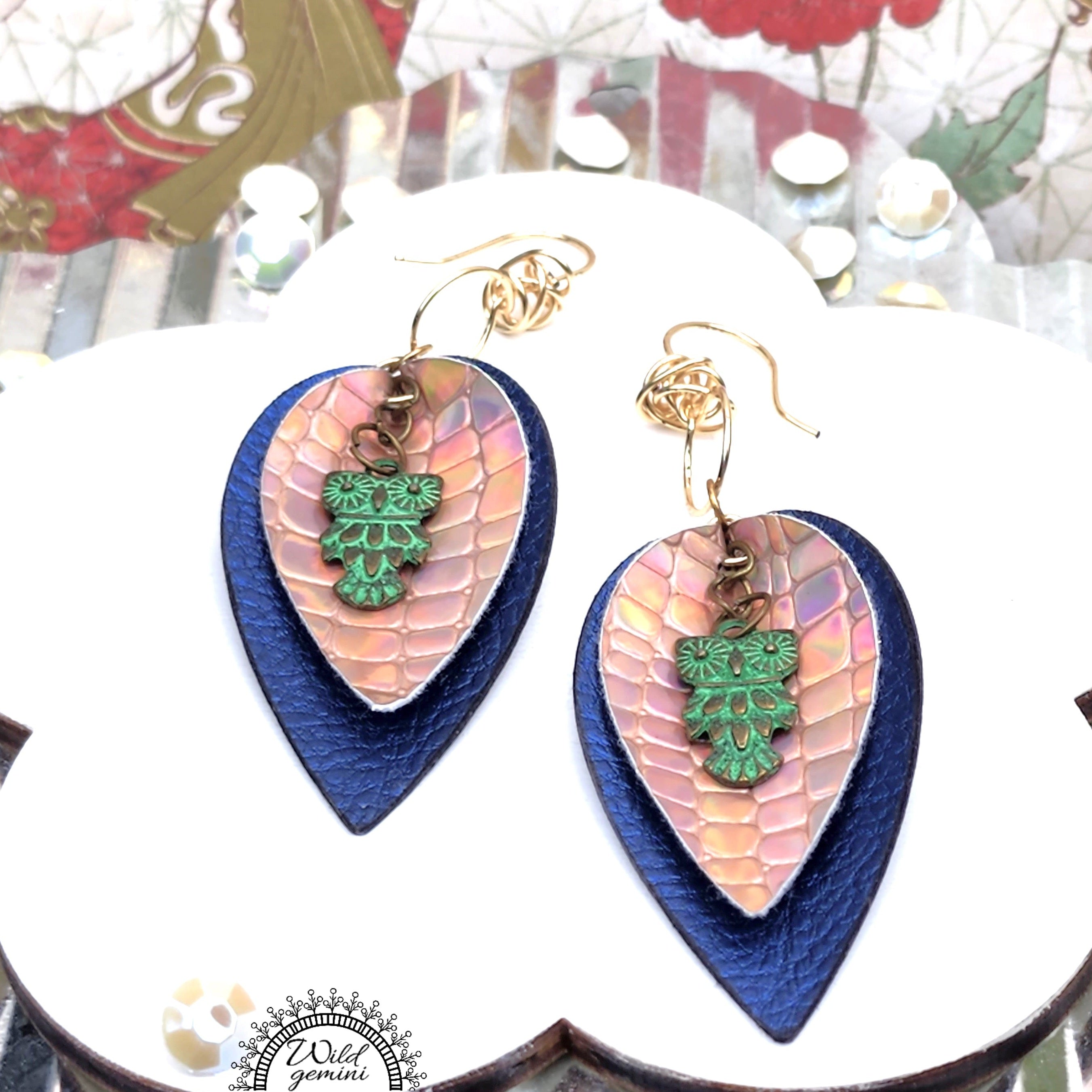 Faux Leather Blue Gold Tear Drops Earrings with Green Metal Owl