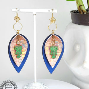 Faux Leather Blue Gold Tear Drops Earrings with Green Metal Owl