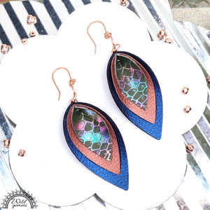 Faux Leather Blue Brown Multicolor Pinched Tear Drops Earrings