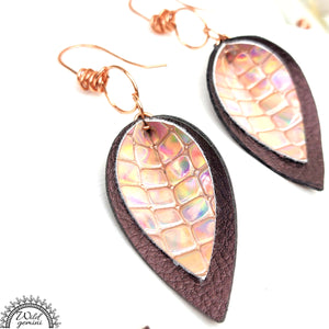 Faux Leather Small Brown and Gold Pinched Tear Drops Earrings