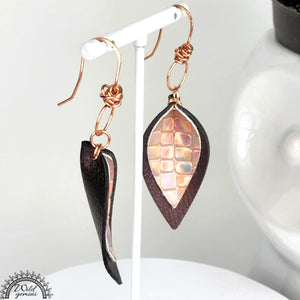 Faux Leather Small Brown and Gold Pinched Tear Drops Earrings