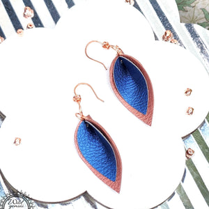 Faux Leather Small Brown and Blue Pinched Tear Drops Earrings