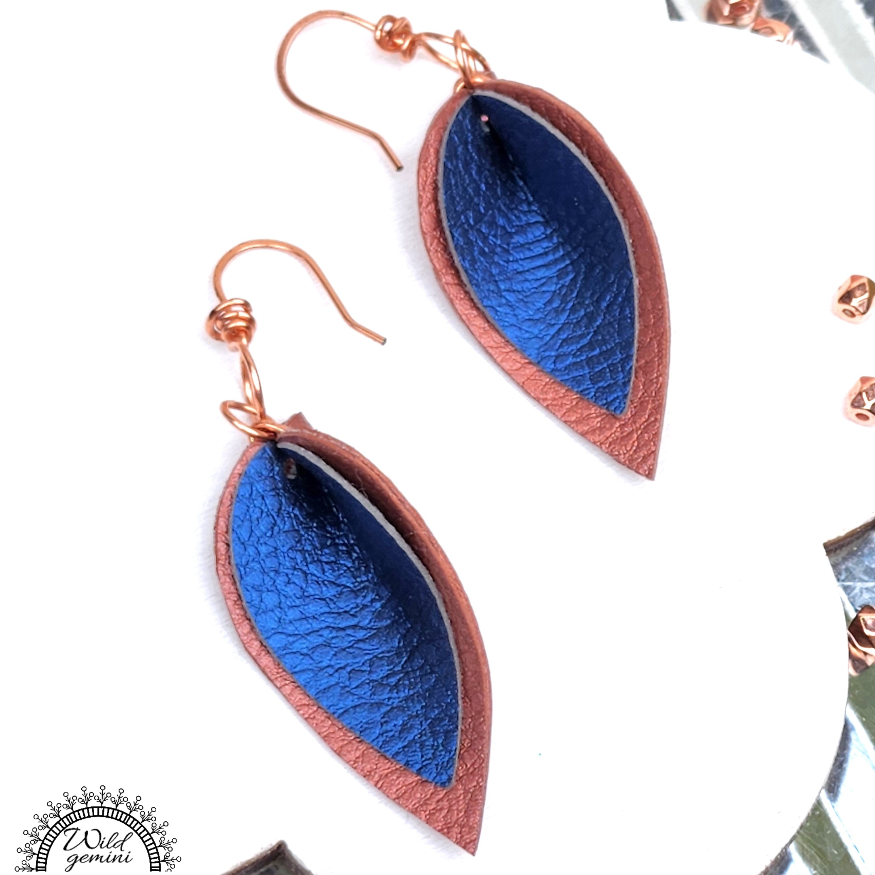 Faux Leather Small Brown and Blue Pinched Tear Drops Earrings