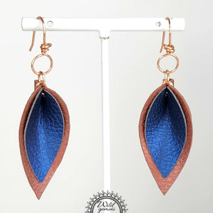 Faux Leather Small Brown and Blue Pinched Tear Drops Earrings