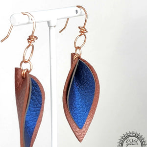 Faux Leather Small Brown and Blue Pinched Tear Drops Earrings