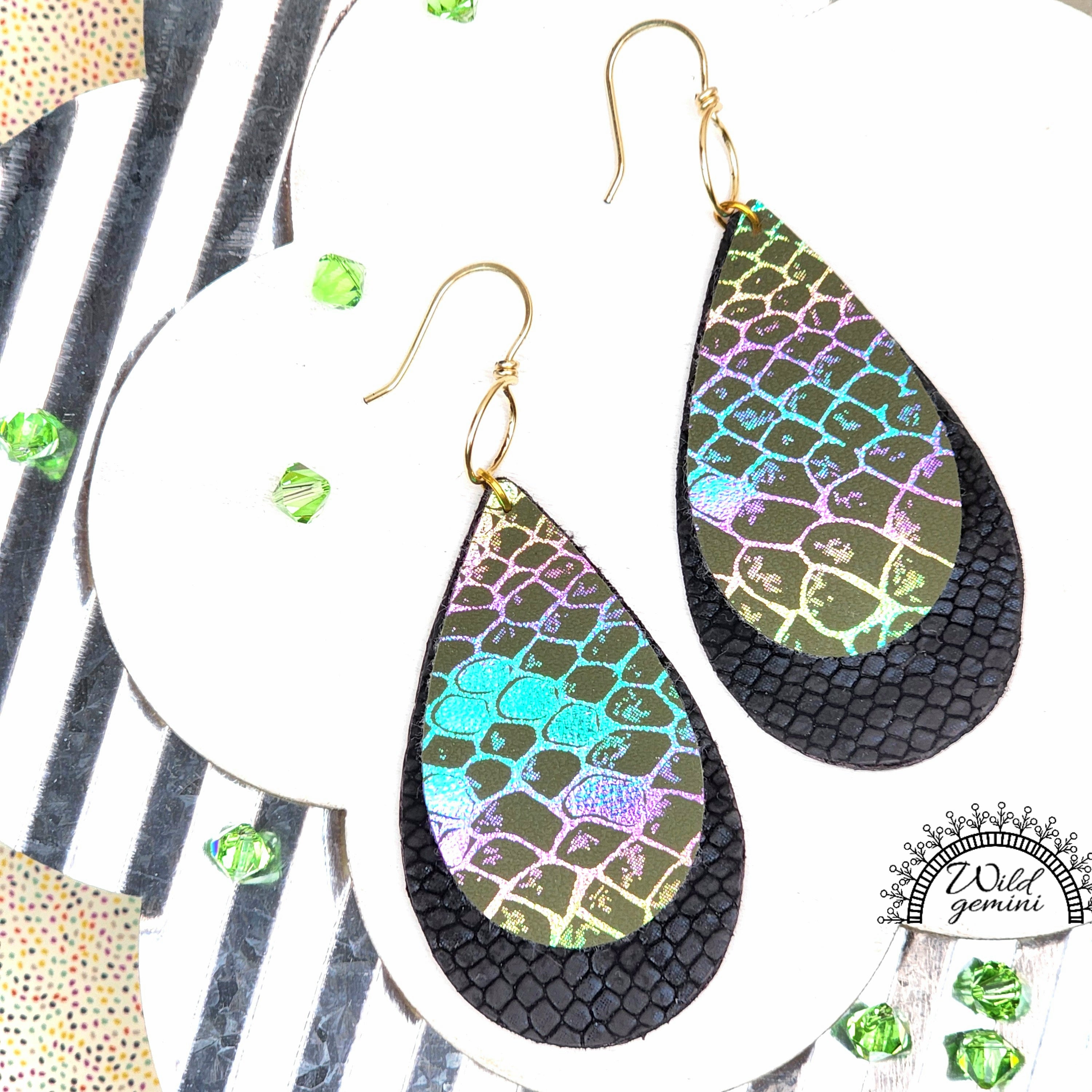 Faux Leather Black and Multicolor Tear Drops Earrings