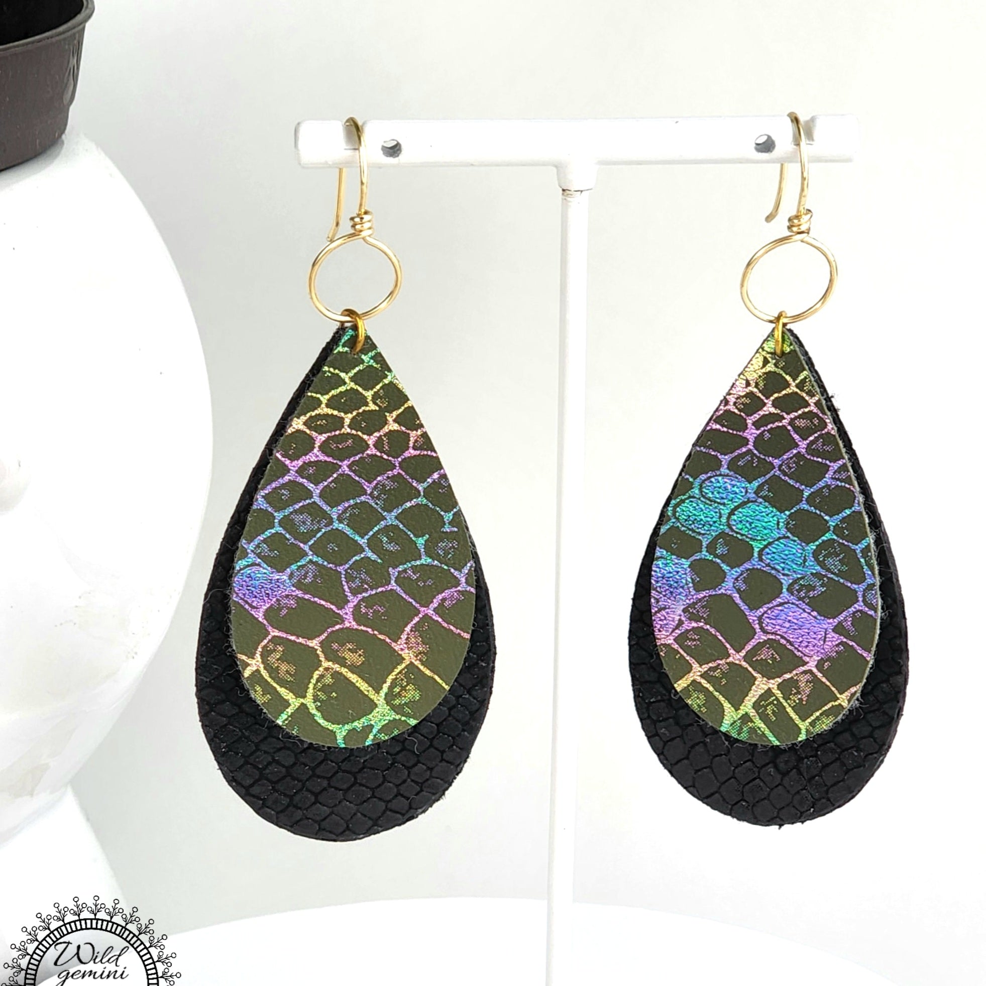 Faux Leather Black and Multicolor Tear Drops Earrings