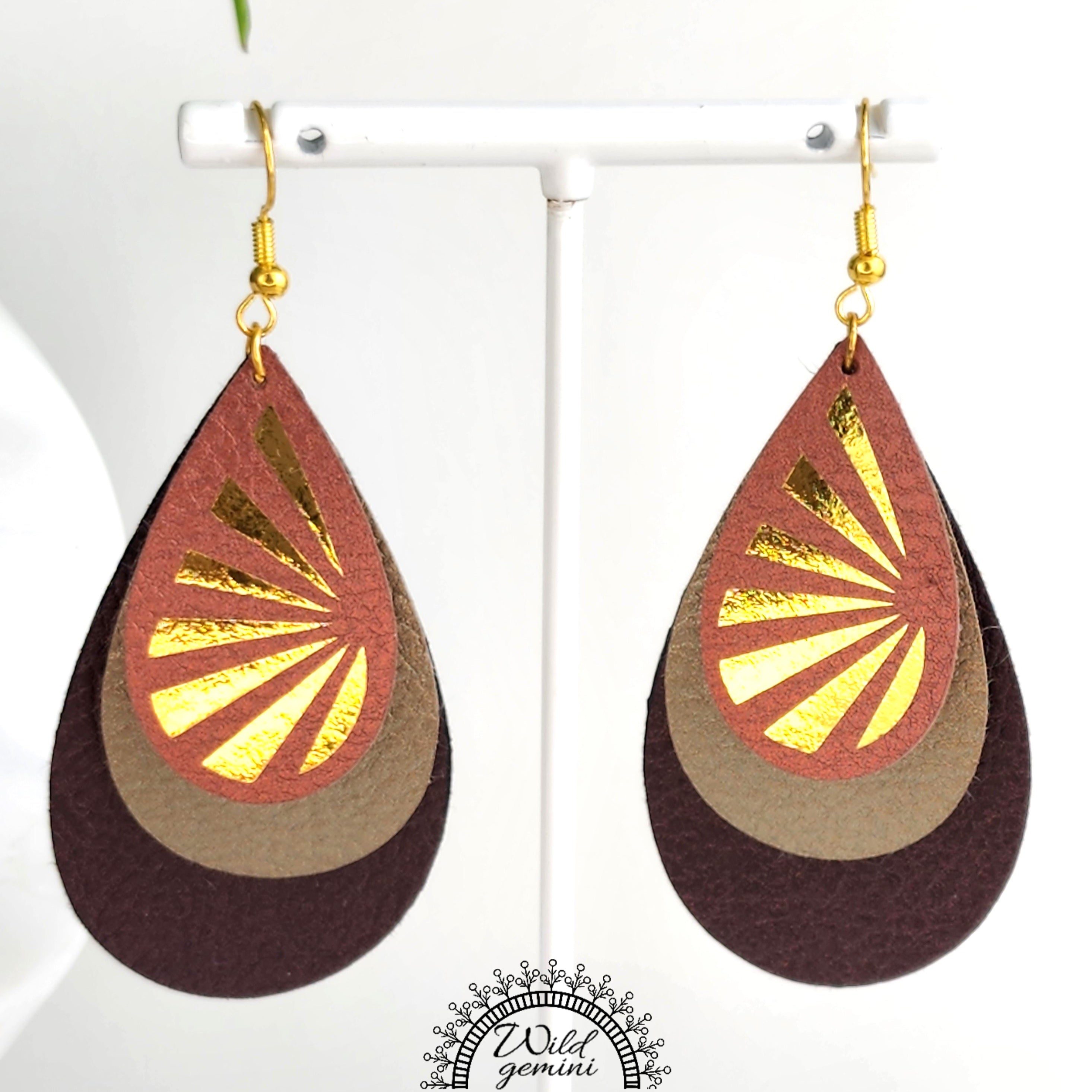 Faux Leather Golden Metallic Sun Brown Beige and Copper Tear Drops Earrings