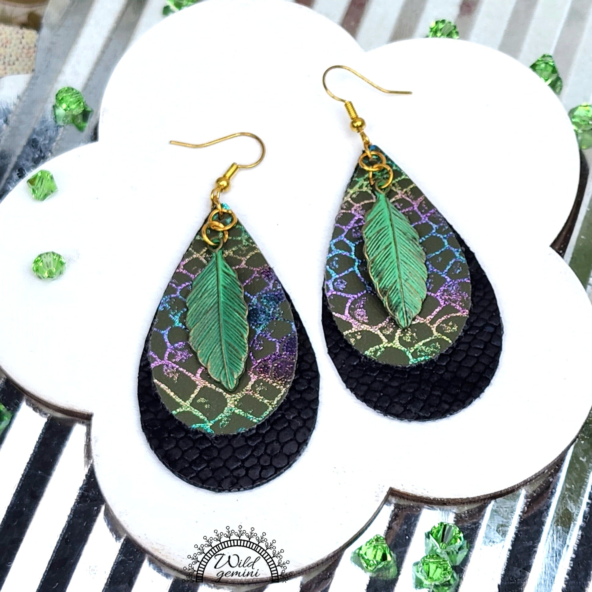 Faux Leather Black and Multicolor Tear Drops Earrings with Green Metal Leaf