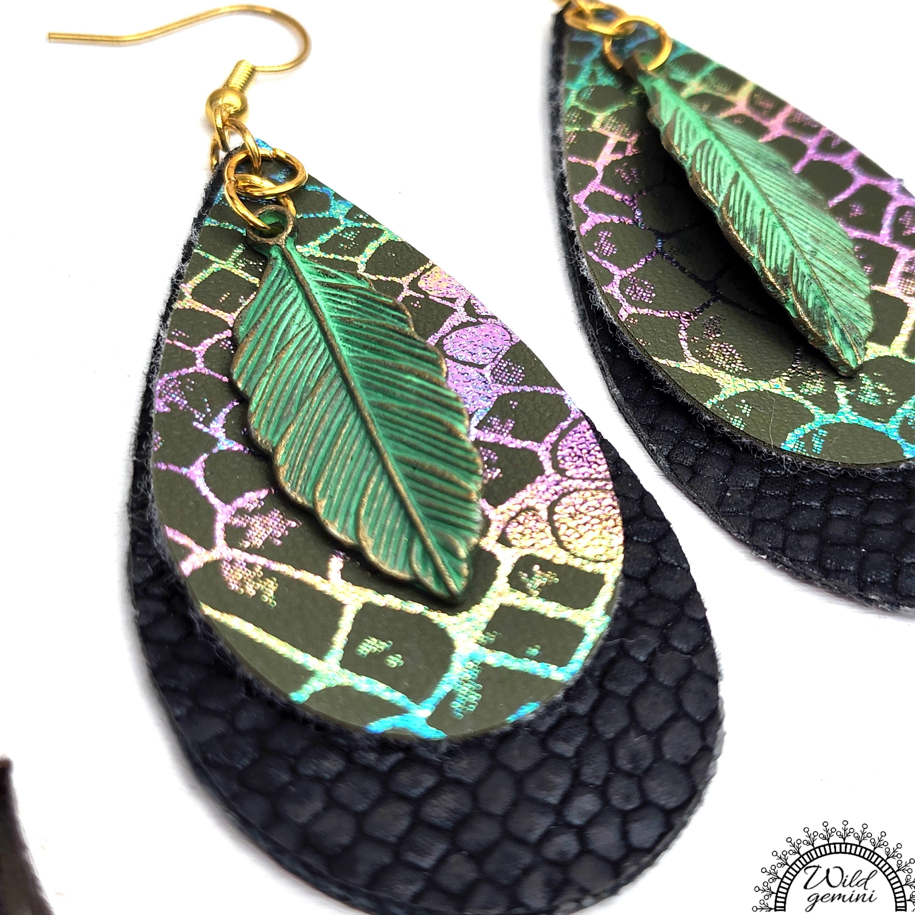 Faux Leather Black and Multicolor Tear Drops Earrings with Green Metal Leaf