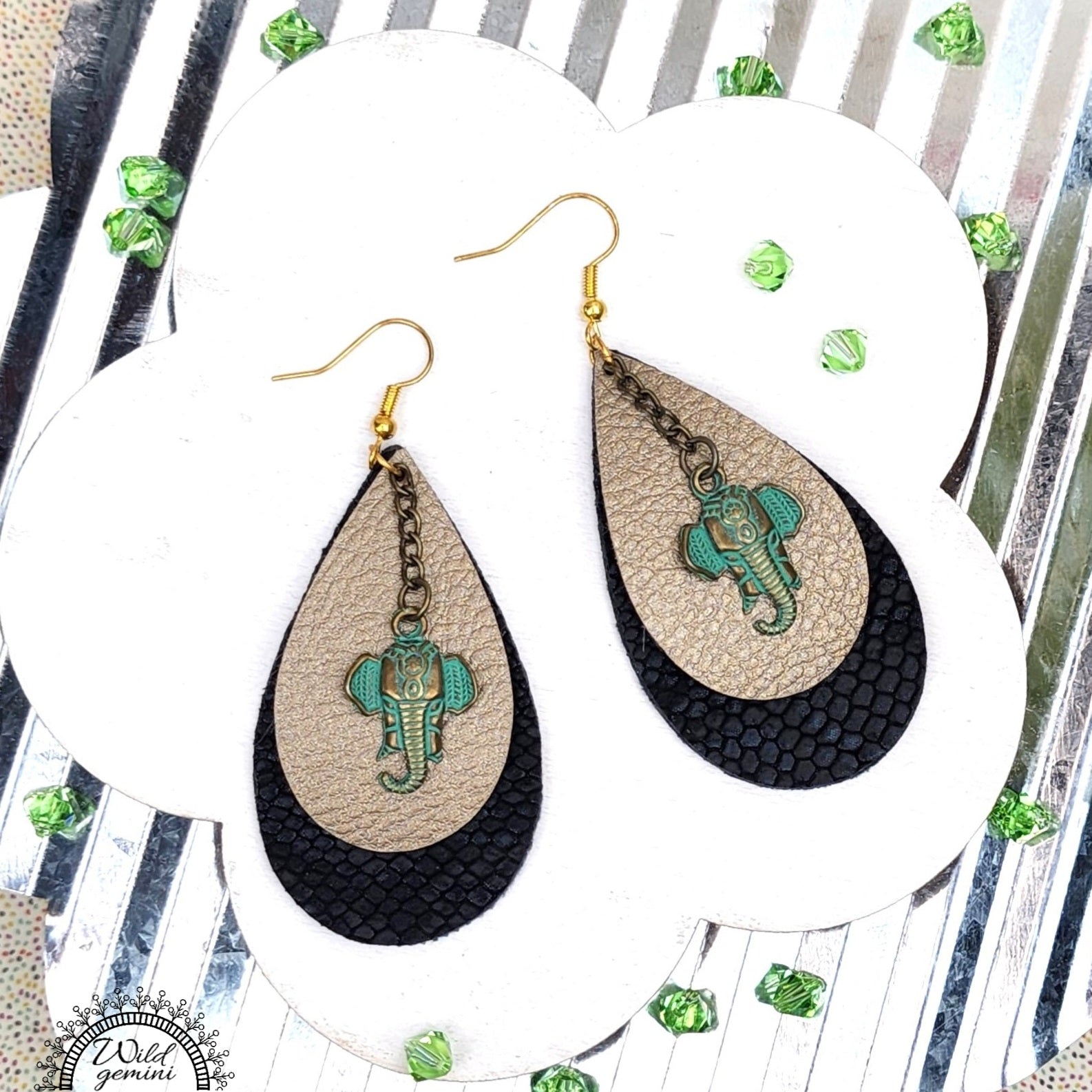 Faux Leather Black and Beige Tear Drop Earrings with Green Metal Elephant