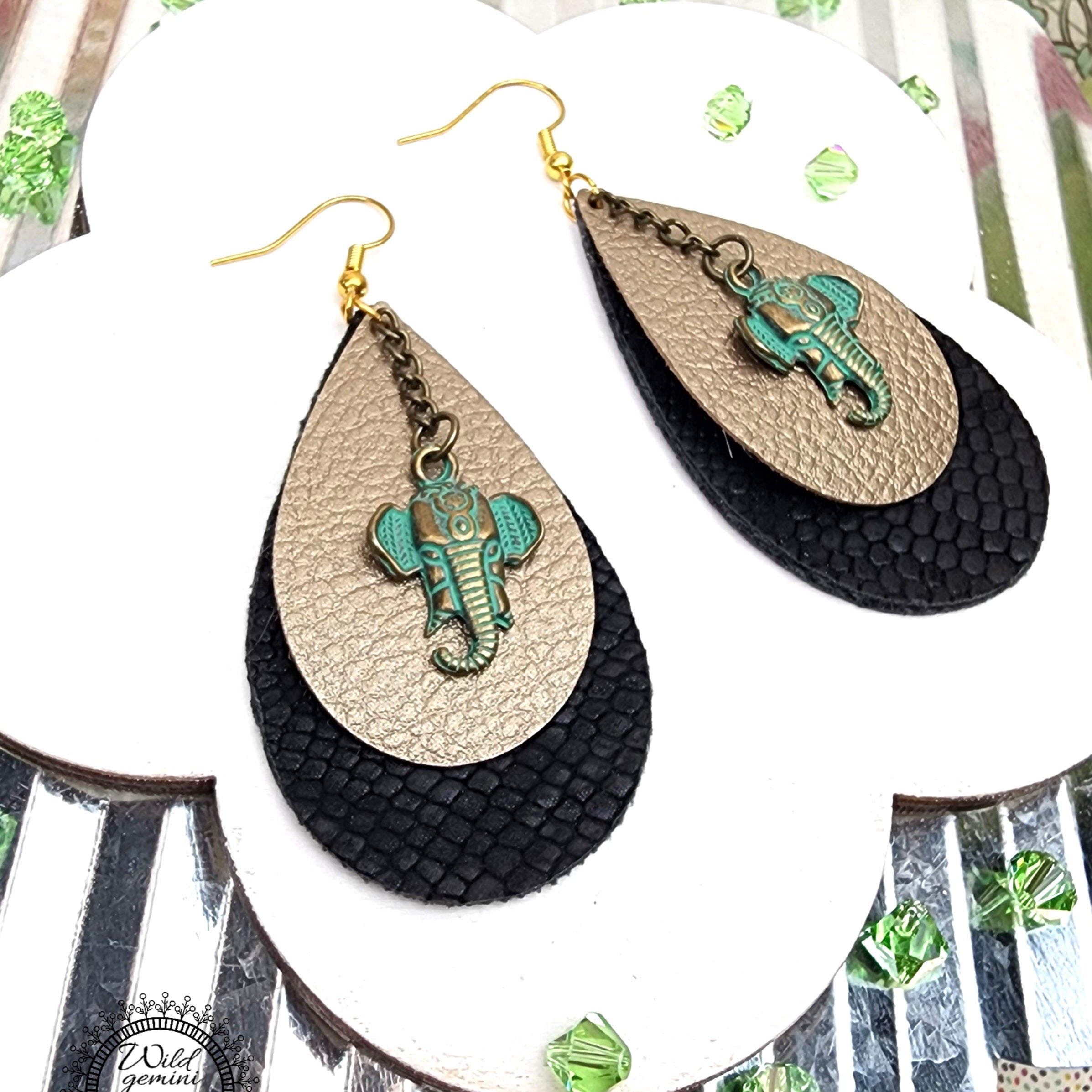 Faux Leather Black and Beige Tear Drop Earrings with Green Metal Elephant