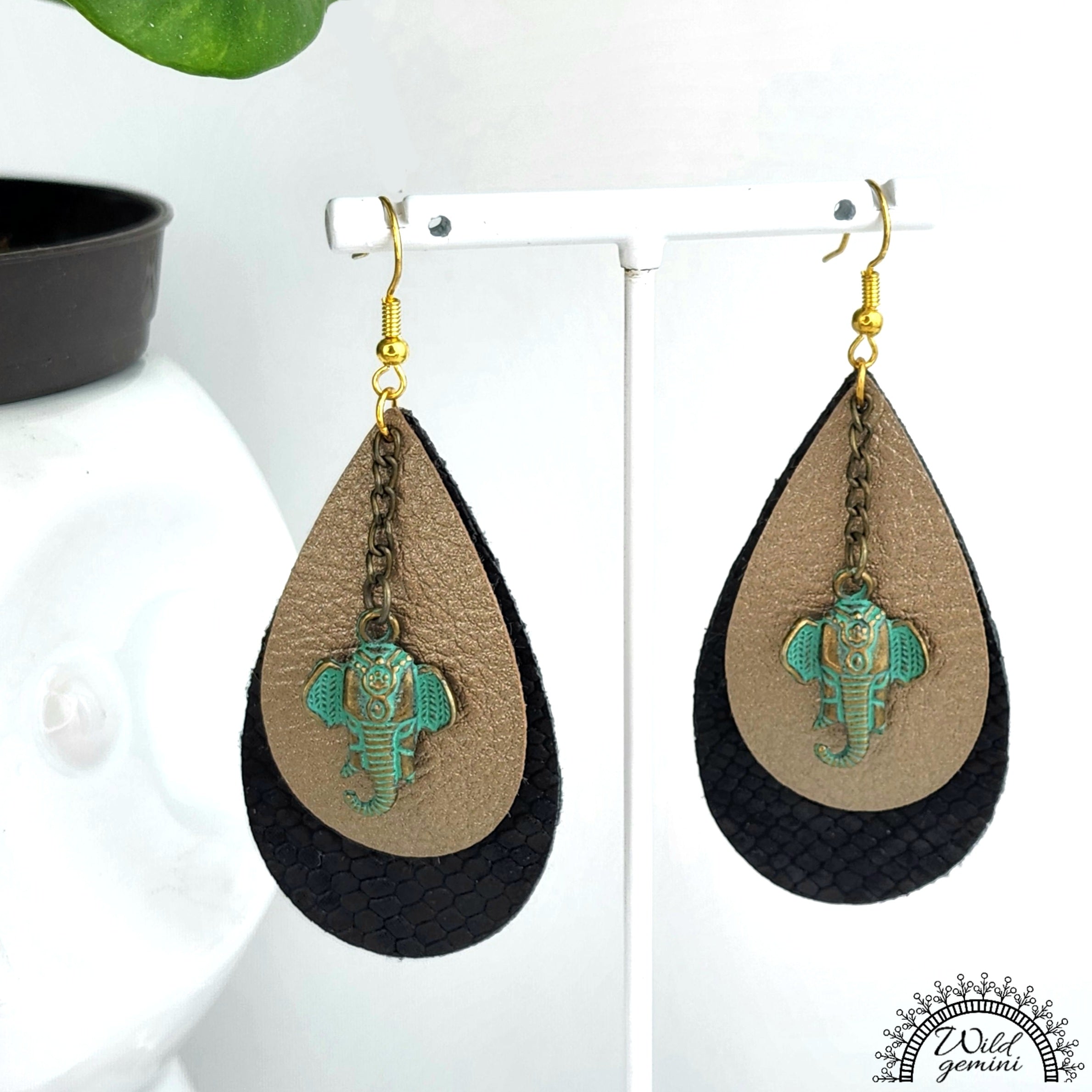 Faux Leather Black and Beige Tear Drop Earrings with Green Metal Elephant