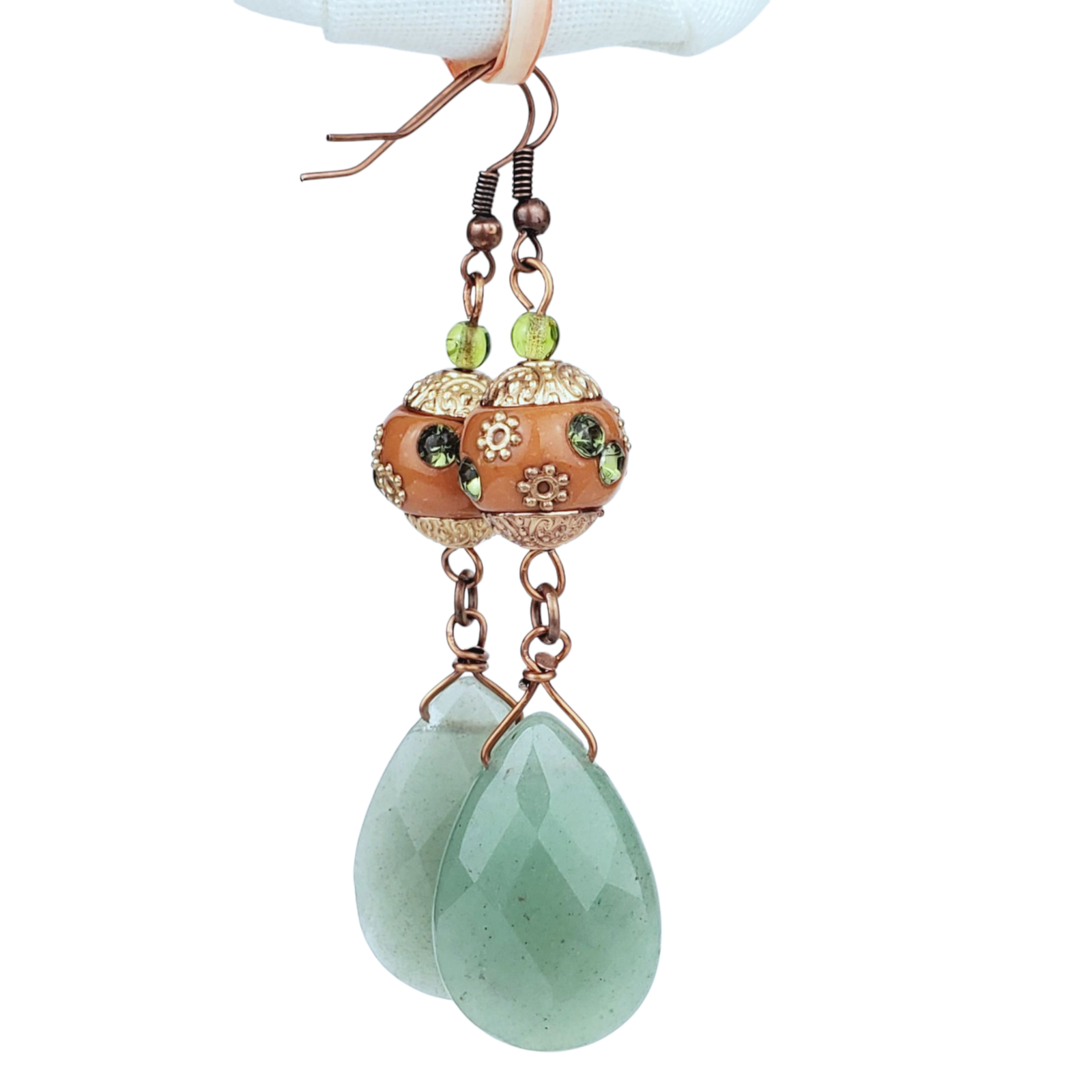 Boho Aventurine Teardrop Earrings โ Handmade Copper Dangles with Faceted Stones & 10mm Beads, 3โ Long