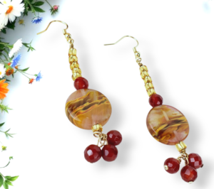 Boho Ruby & Jasper Earrings β Handmade Gold Dangles with Glass Disc Beads & Seed Beads, 3.25β Long