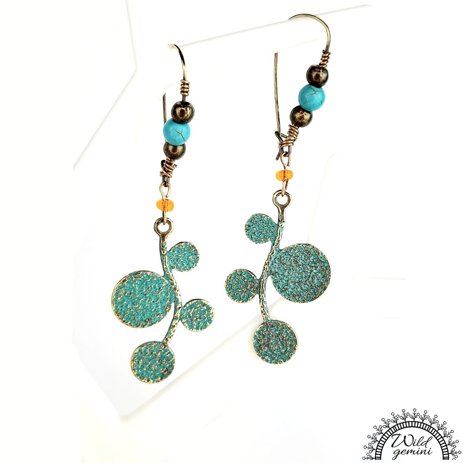 Boho Leaf Earrings โ Handmade Brass Dangle Earrings with Turquoise Jasper, Orange Seed Beads & Round Leaf Charms, 3โ Long - Image 3