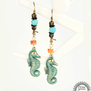 Boho Seahorse Earrings β Handmade Brass Dangles with Turquoise Jasper, Orange Carnelian Beads & Sea Horse Charms, 2.83β Long