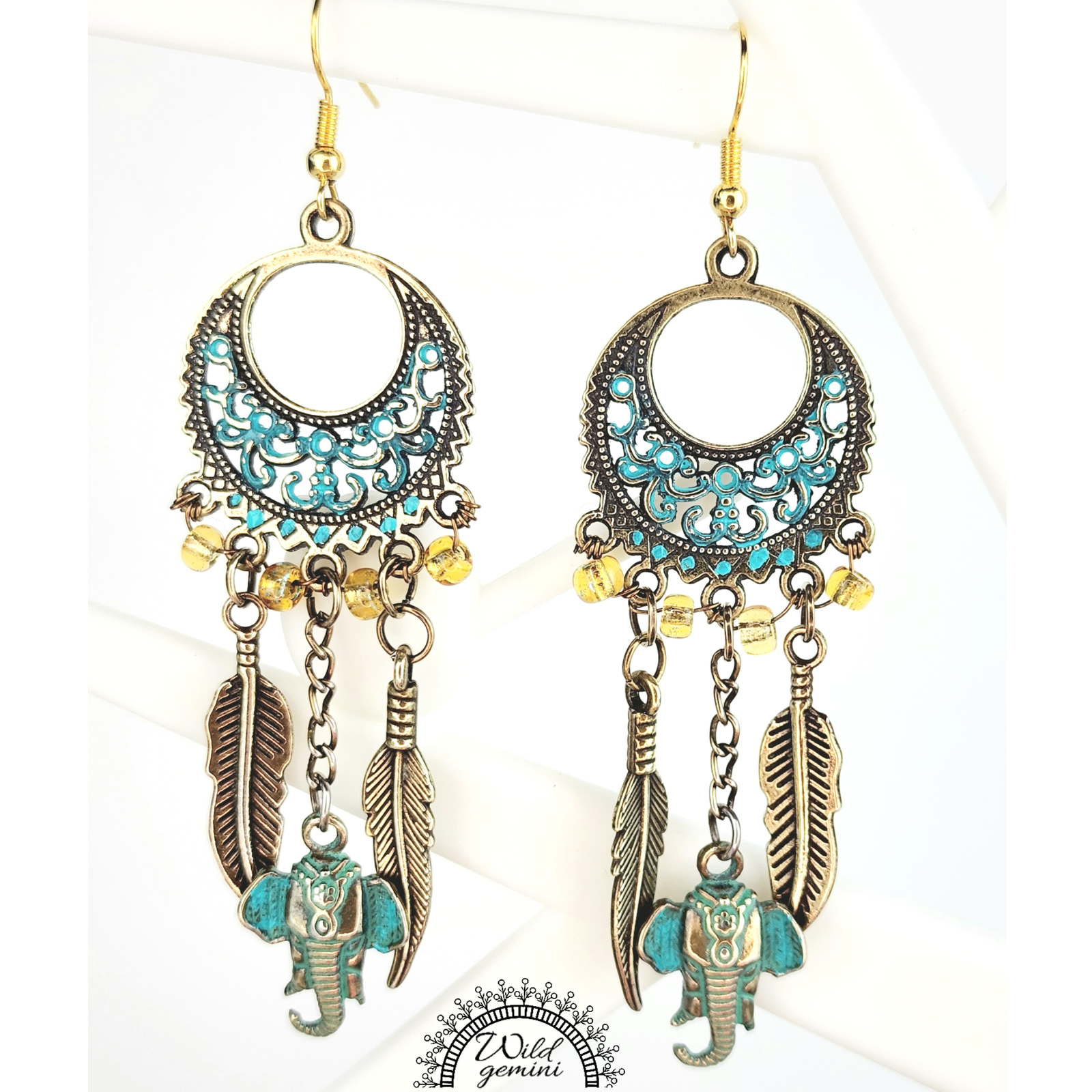 Boho Elephant & Feather Earrings โ Handmade Tribal Dangle Jewelry with Turquoise Brass Charms, Yellow Seed Beads & Floral Gold Hoops - Image 4