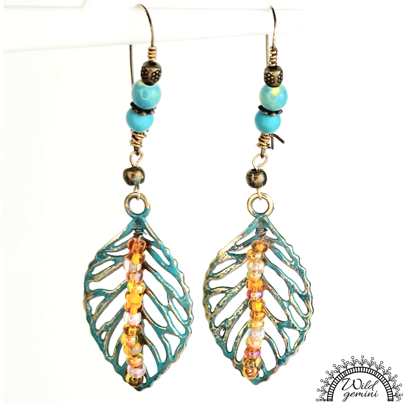 Boho Leaf Dangle Earrings โ Handmade Brass Earrings with Turquoise Jasper, Orange Seed Beads & Long Leaf Charms, 3.5โ Long - Image 4