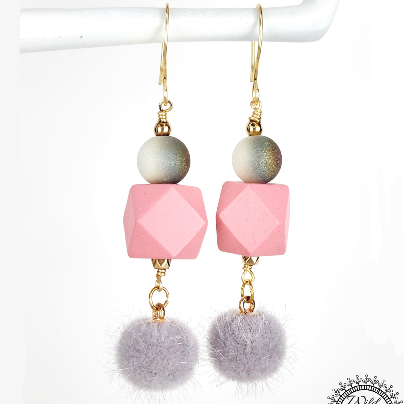 Boho Fuzzy Ball Earrings โ Handmade Dangles with Grey Fuzzy Beads, Iridescent Rounds & Pink Wooden Hexagons, 2.6โ Long with Gold Hooks