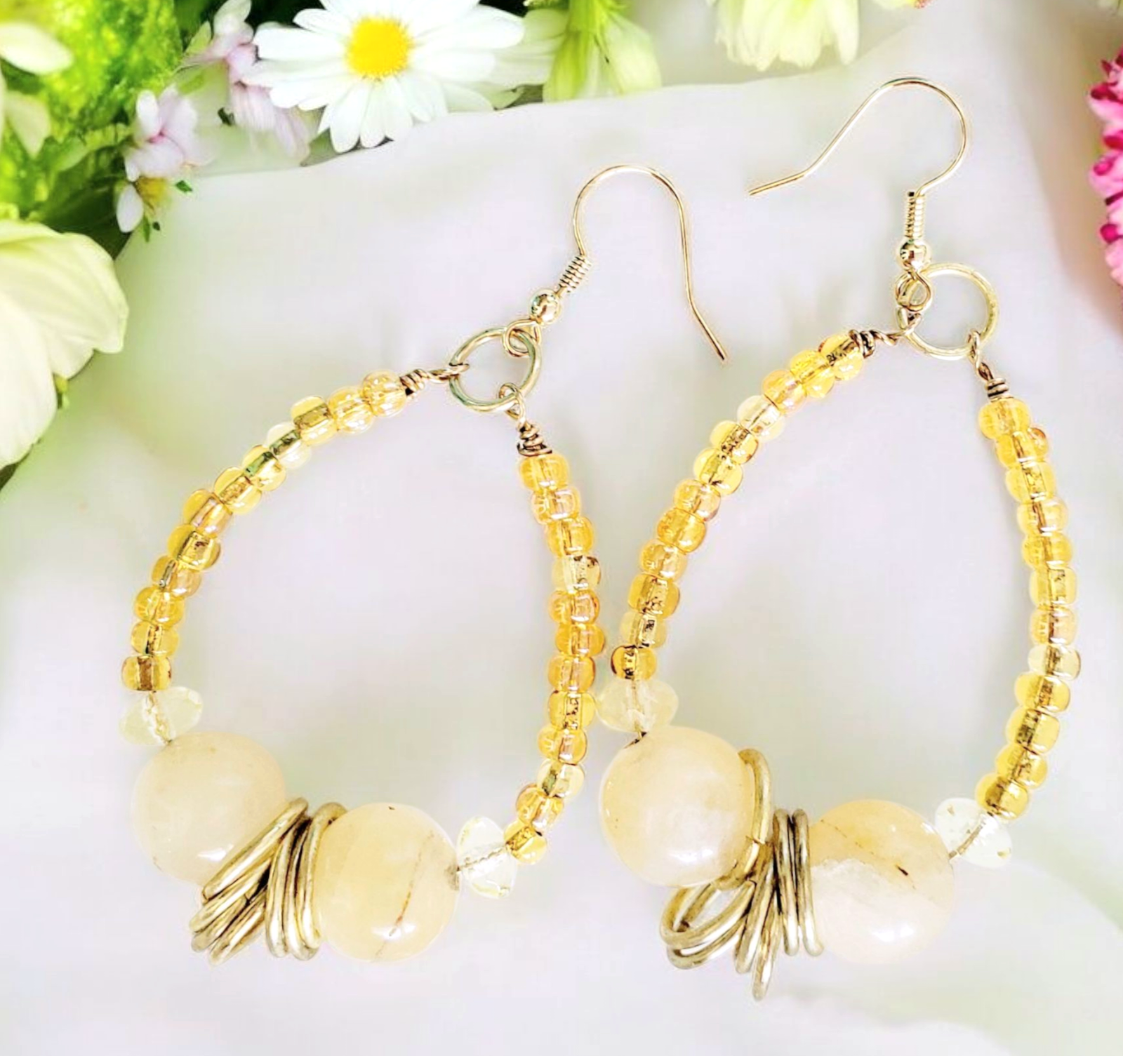Boho Citrine Hoop Earrings โ Handmade Yellow Stone Dangles with Seed Beads, Gold Hooks & Jump Rings, 2.5โ Long