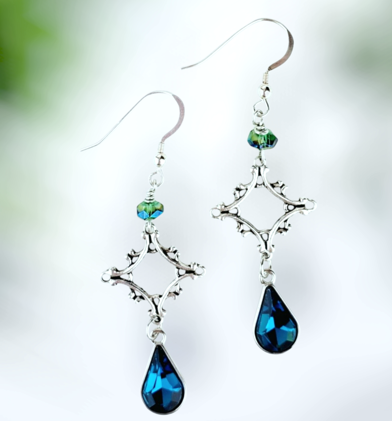 Silver Cross Earrings โ Handmade Dangles with Blue Teardrop Glass Beads & Silver Wire, 2โ Long