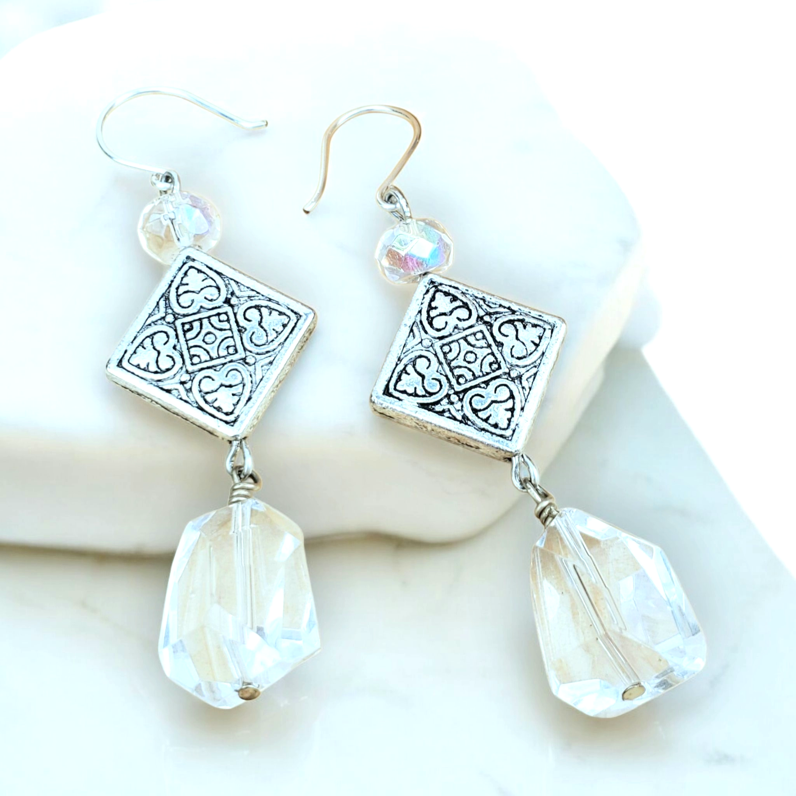Boho Clear Glass Earrings โ Handmade Silver Dangles with Glass Nuggets & Diamond Beads, 2.75โ Long