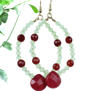 Boho Ruby & Aventurine Hoop Earrings – Handmade Gold Dangles with Teardrop Stones & Semi-Precious Gems, 3” Long