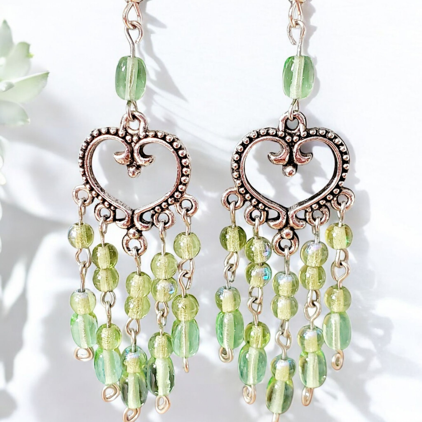 Boho Green Heart Chandelier Earrings โ Handmade Silver Dangles with Green Beads & Silver Wire, 3โ Long