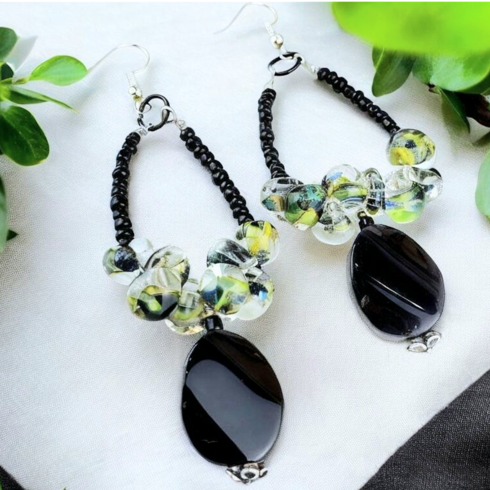 Boho Green Lampwork Earrings โ Handmade Dangles with Black Onyx, Sea Beads & Silver Wire, 3.5โ Long