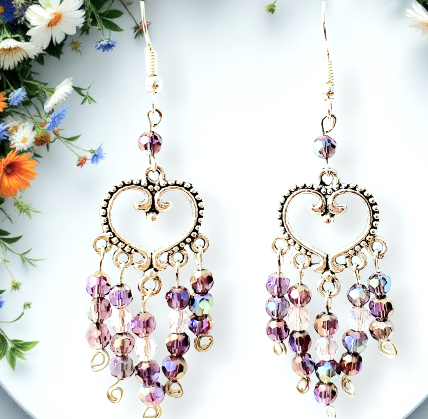 Boho Heart Earrings โ Handmade Silver Dangles with Purple Glass Beads & Wire Wrapped Heart Charms, 2.5โ Long