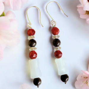 Sterling Silver Gemstone Earrings โ Handmade Dangles with Opal Moonstone, Carnelian & Crazy Horse Jasper, 2.25โ Long