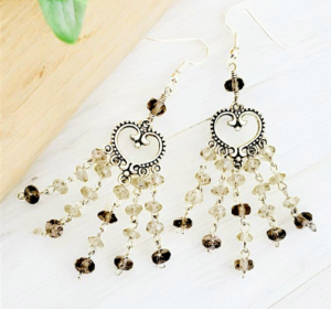 Boho Smokey Glass Chandelier Earrings โ Handmade Silver Dangles with Heart Detail & Hook Ear Wires, 3โ Long