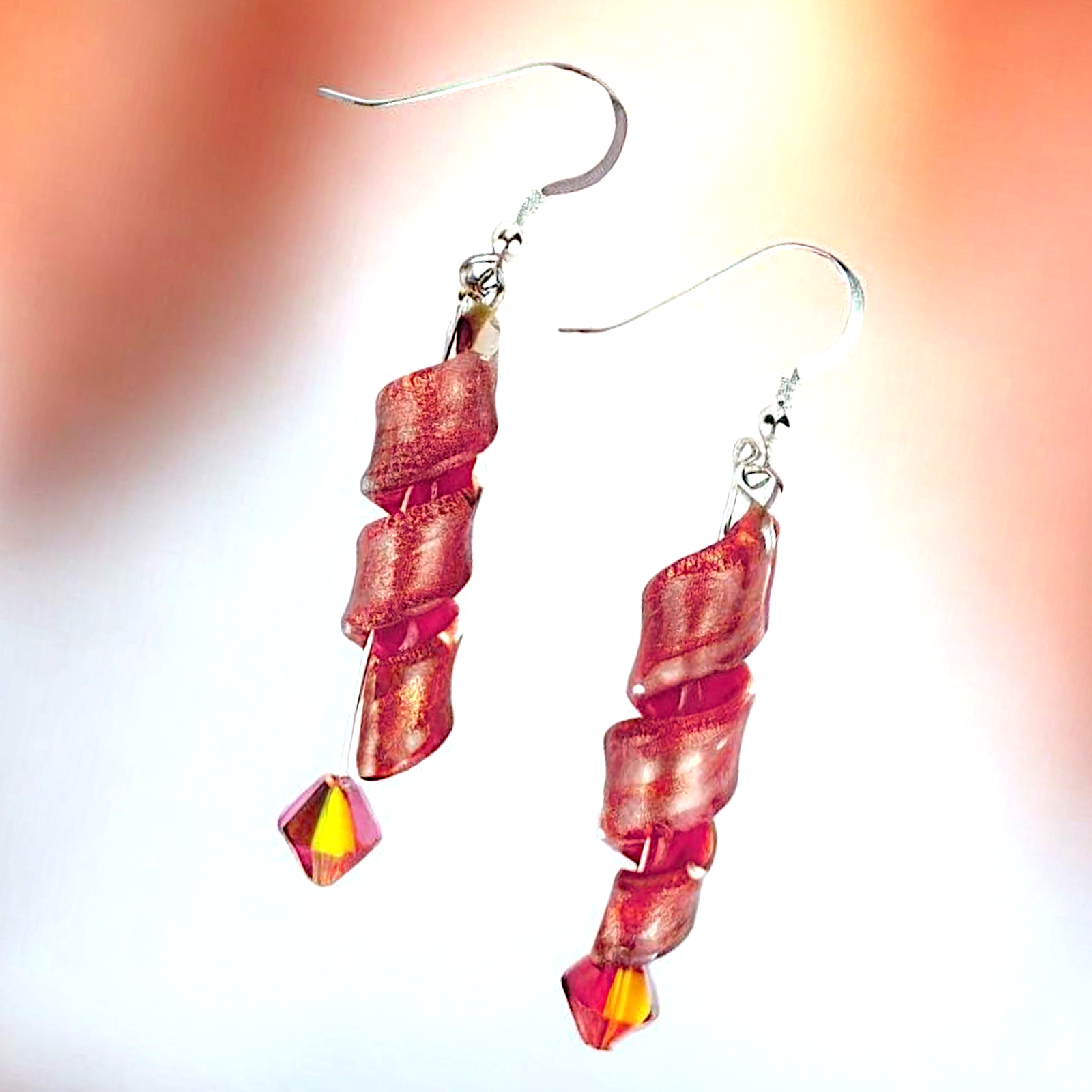 Sterling Silver Lampwork Earrings โ Handmade Spiral Glass Dangles with Swarovski Bicone Crystals, 2.5โ Long